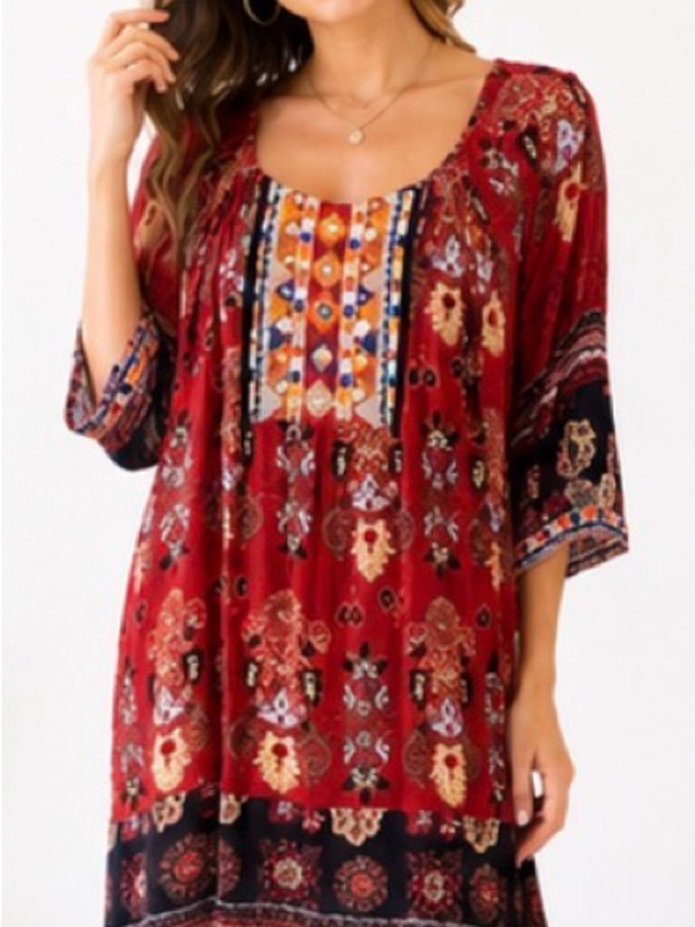 • Boho Embroidered Mirror Accent Tunic Dress – Size Large